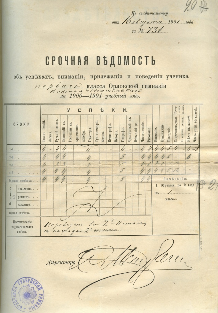 cрочная ведомость ученика перворго класса Николая Знаменского, ф. 65-и, оп. 1, д. 2, л. 20.jpg cрочная ведомость ученика перворго класса Николая Знаменского, ф. 65-и, оп. 1, д. 2, л. 20.jpg